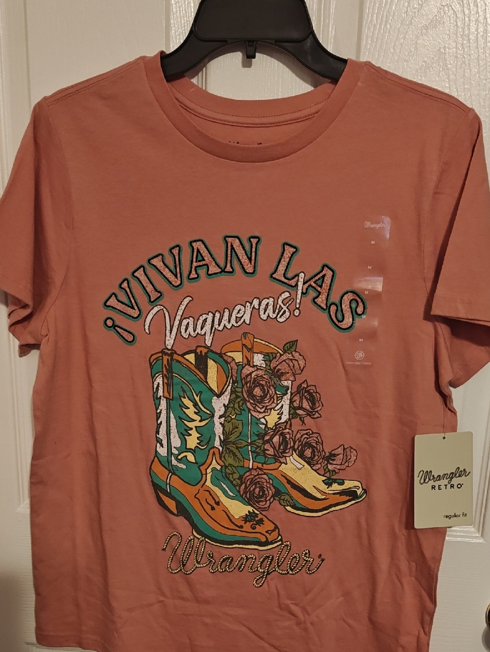 Wrangler Dusty Rose Graphic Tee with Colorful Western Boot Print